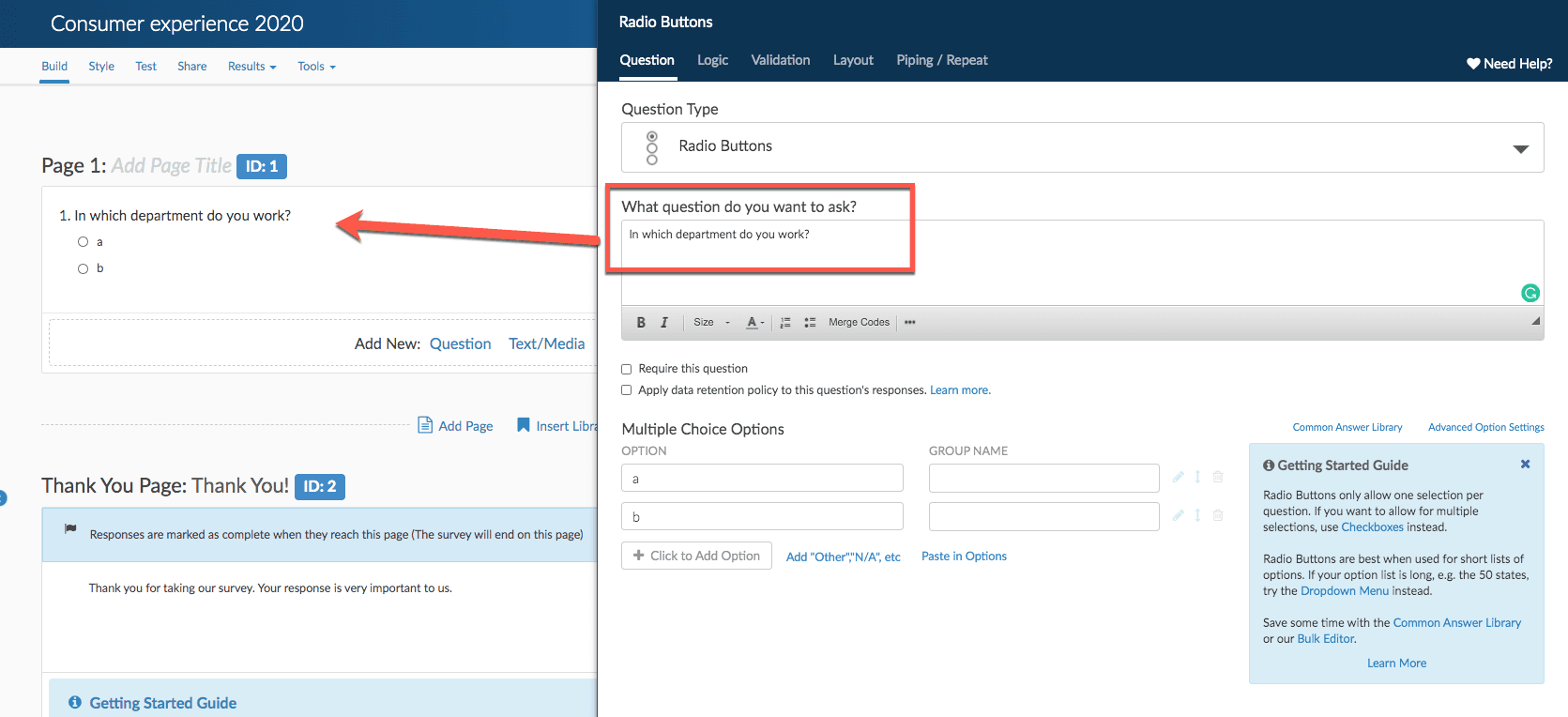 Alchemer Build tab survey editor with question text, answer options, and live preview panel