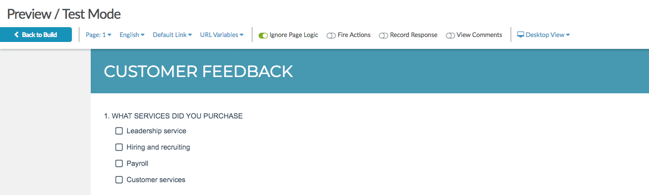 Alchemer preview mode showing survey respondent view with preview toolbar