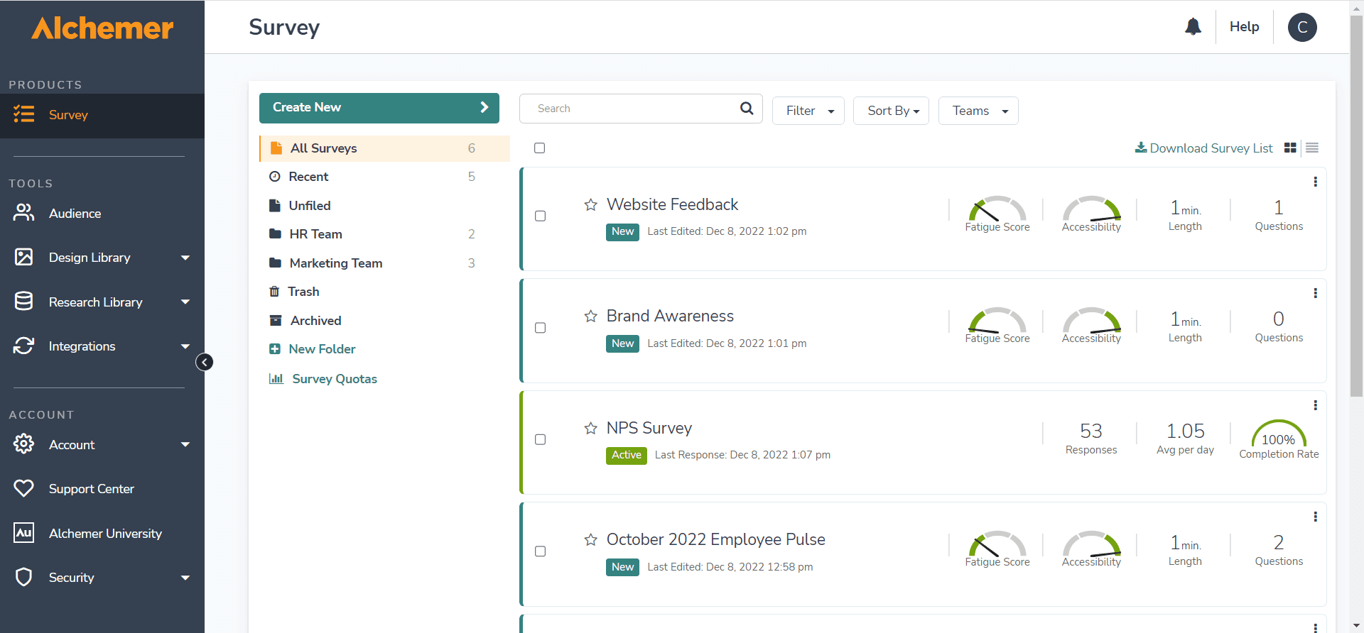 Alchemer home page dashboard showing survey list, folders, and left navigation menu