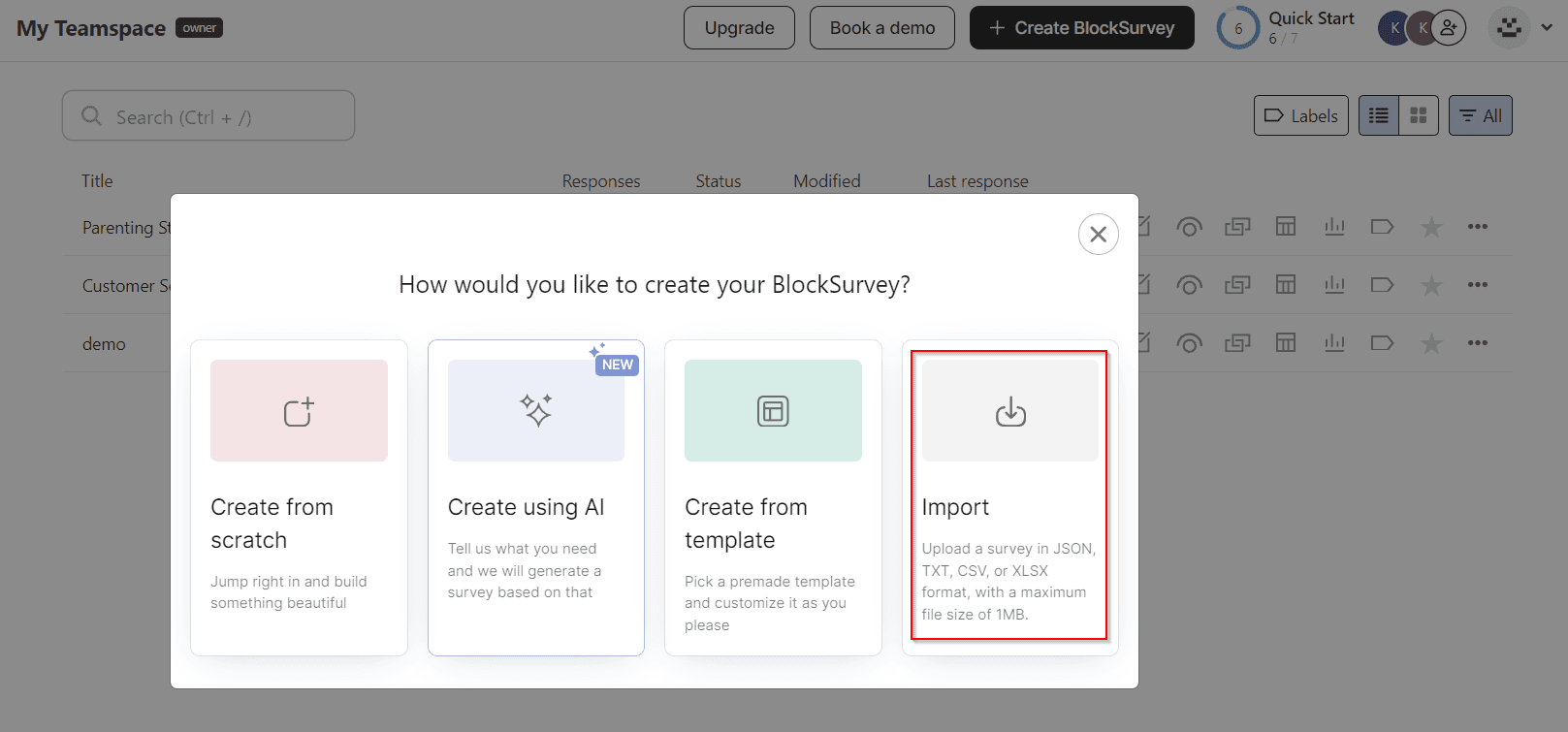 BlockSurvey team dashboard showing survey list and workspace