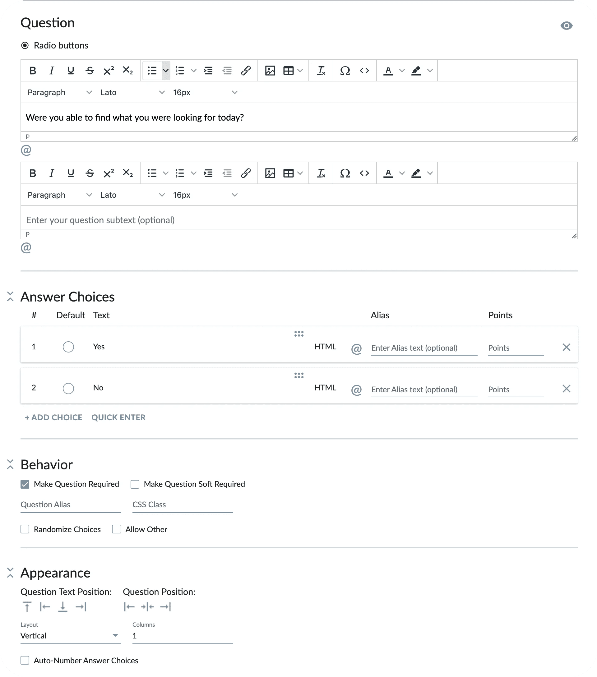 Checkbox Survey editor customizing a multiple-choice question with answer choices