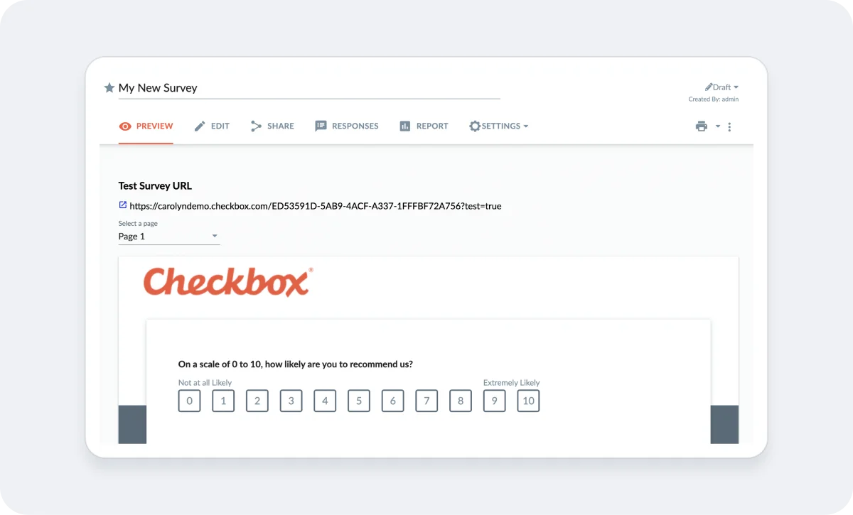 Checkbox Survey preview showing branded respondent-facing survey page