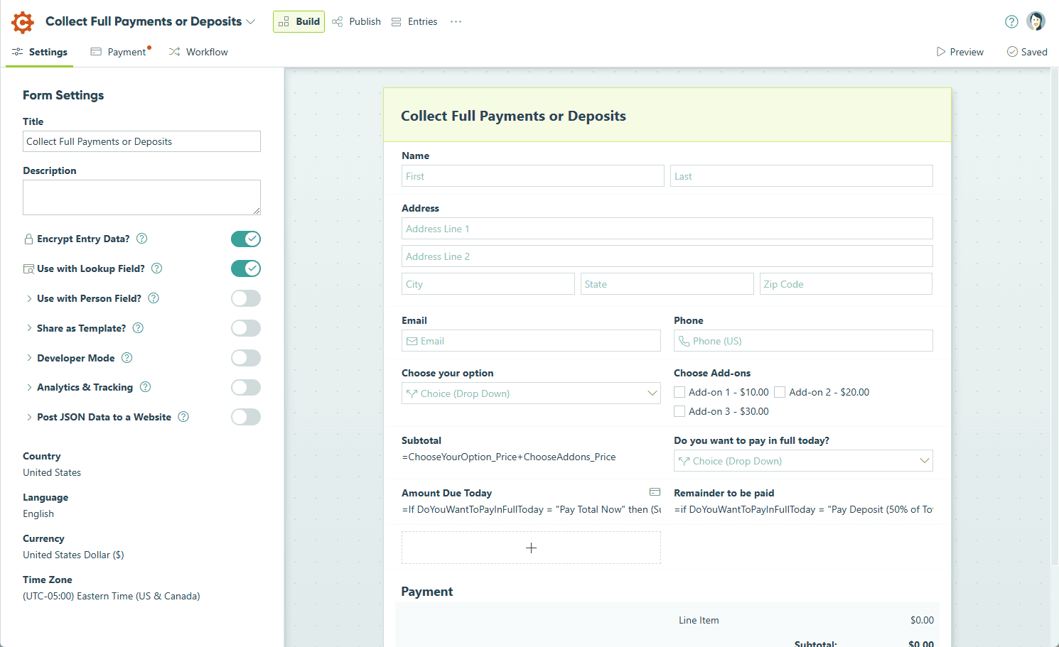 Cognito Forms drag-and-drop form builder with field placeholders and Add Field menu