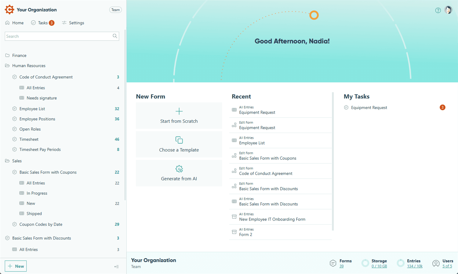 Cognito Forms organization home page dashboard showing forms sidebar and workspace