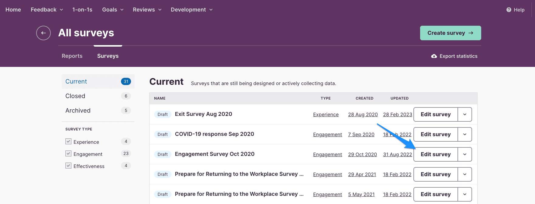 Culture Amp survey builder Questions tab for editing engagement survey sections