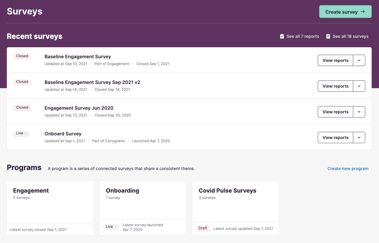 Culture Amp Surveys and Programs dashboard listing employee surveys and programs