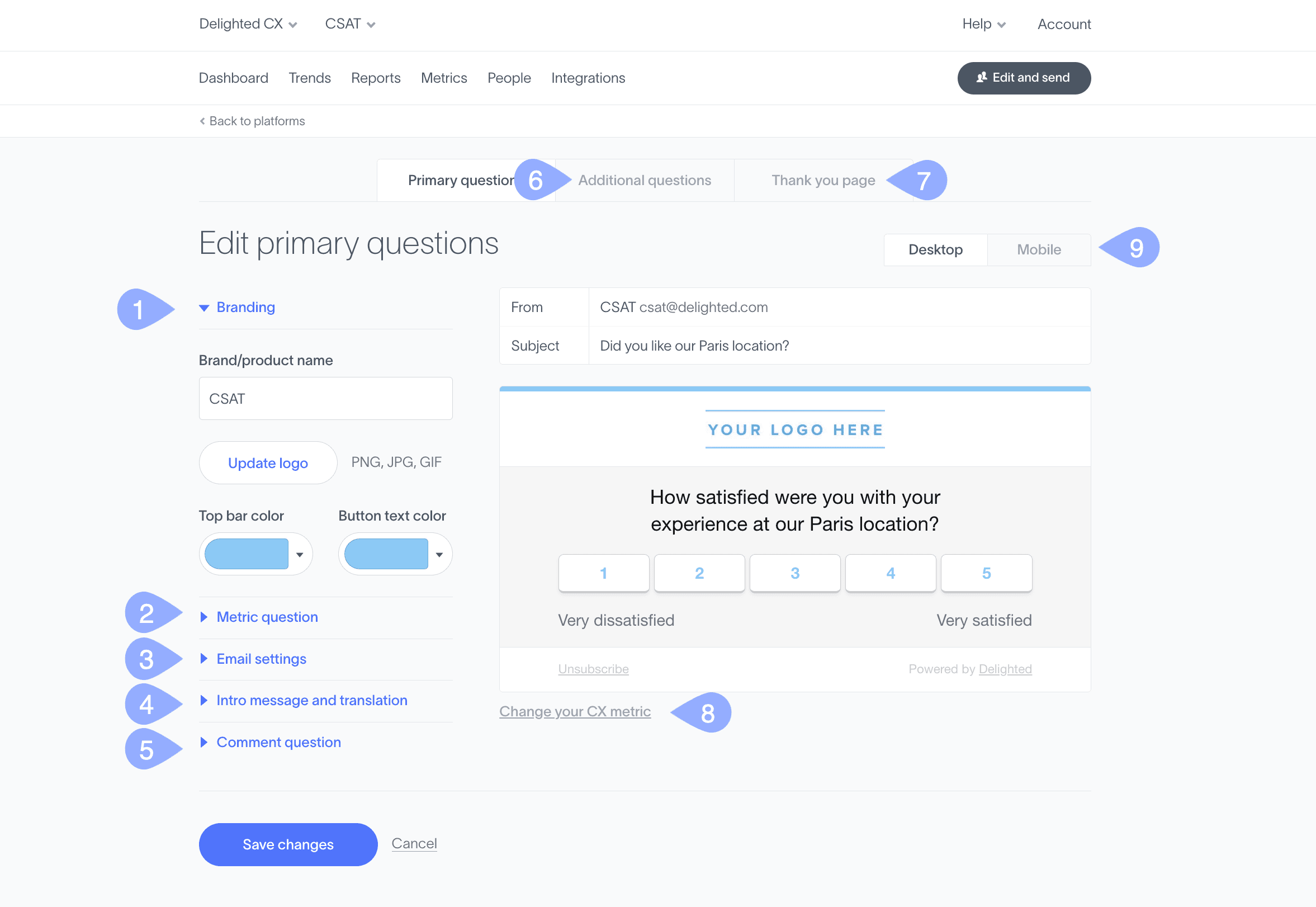 Delighted survey customization editor with branding and question settings