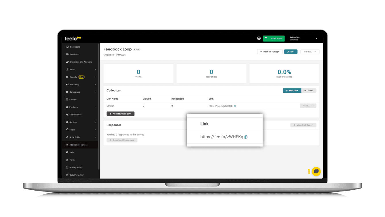 Feefo survey respondent view with NPS question and answer options
