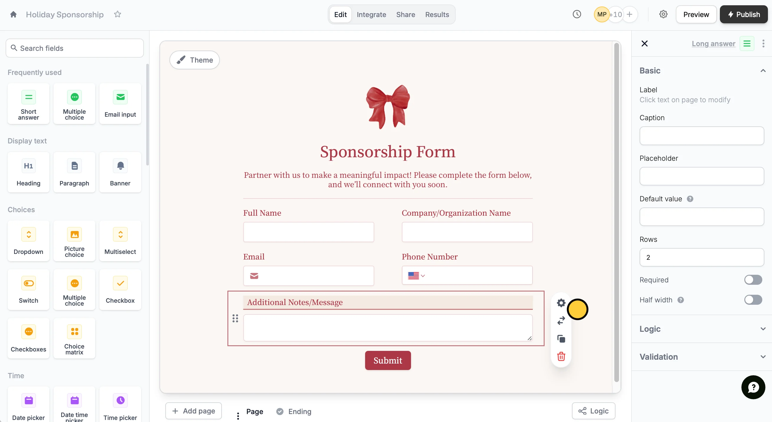 Fillout form builder with field types panel and drag-and-drop editor