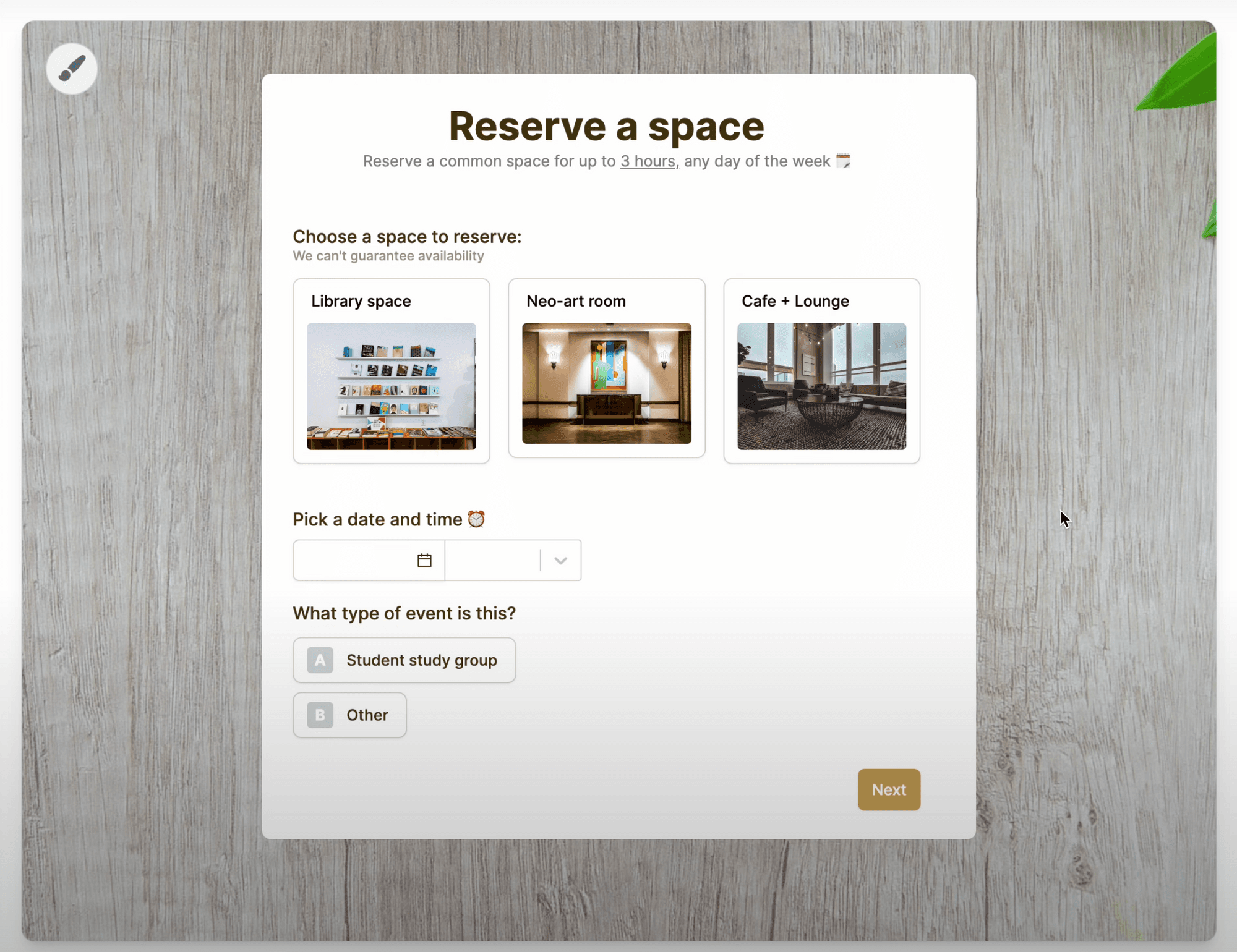 Fillout published survey respondent view with picture-choice questions and custom theme