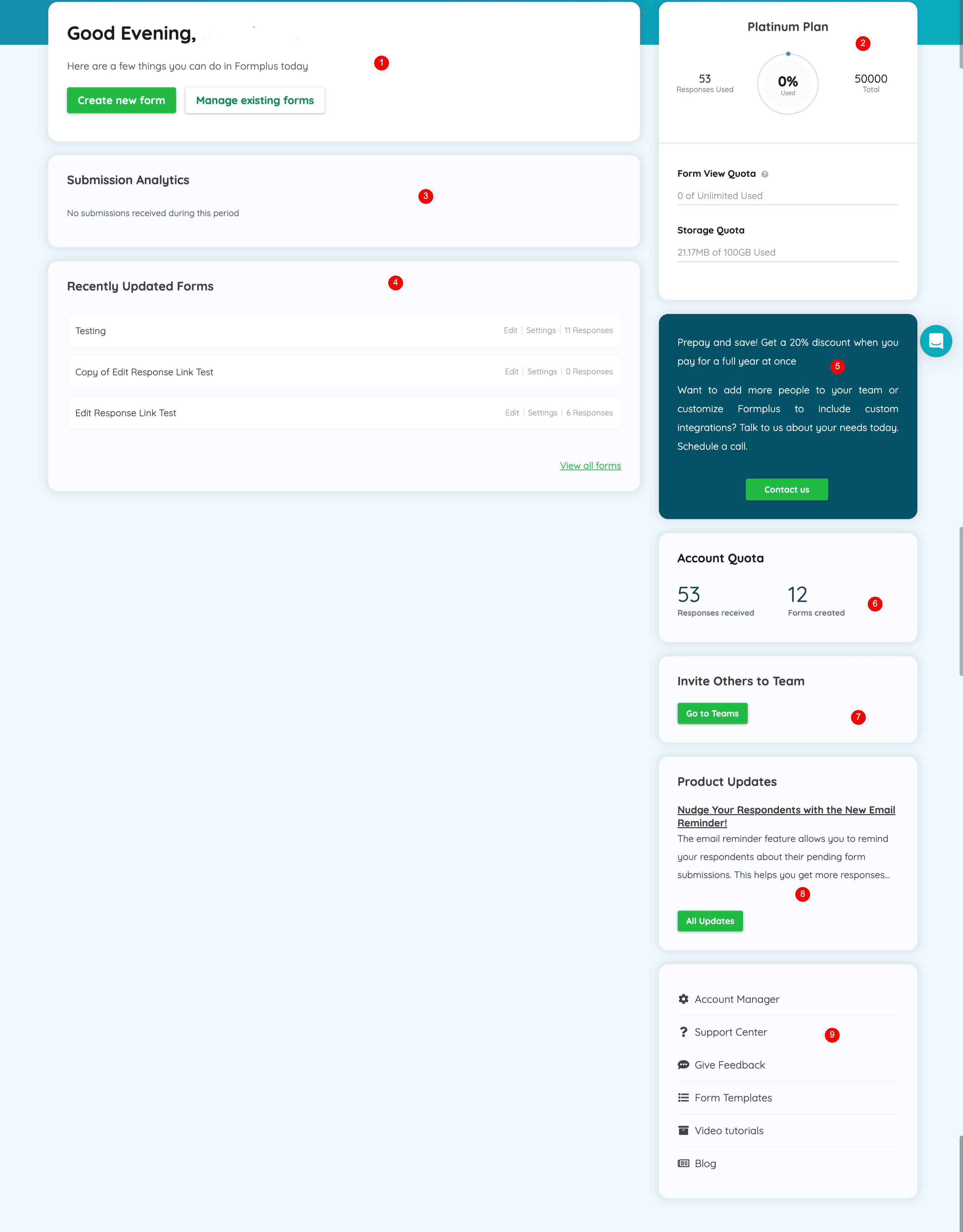 Formplus dashboard showing forms list, navigation, and account overview