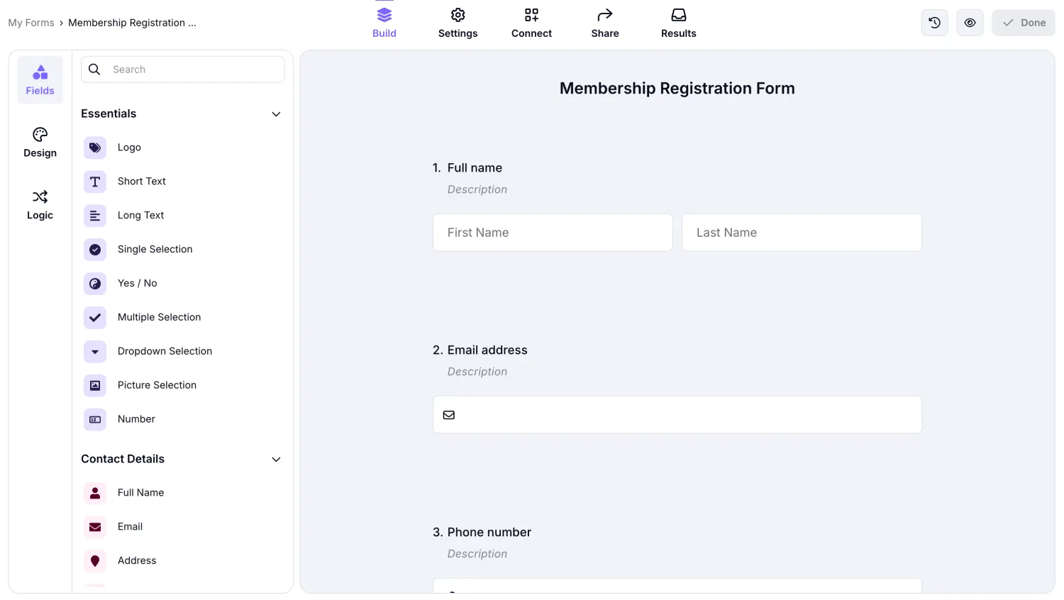 forms.app form builder with the Fields sidebar and membership registration questions