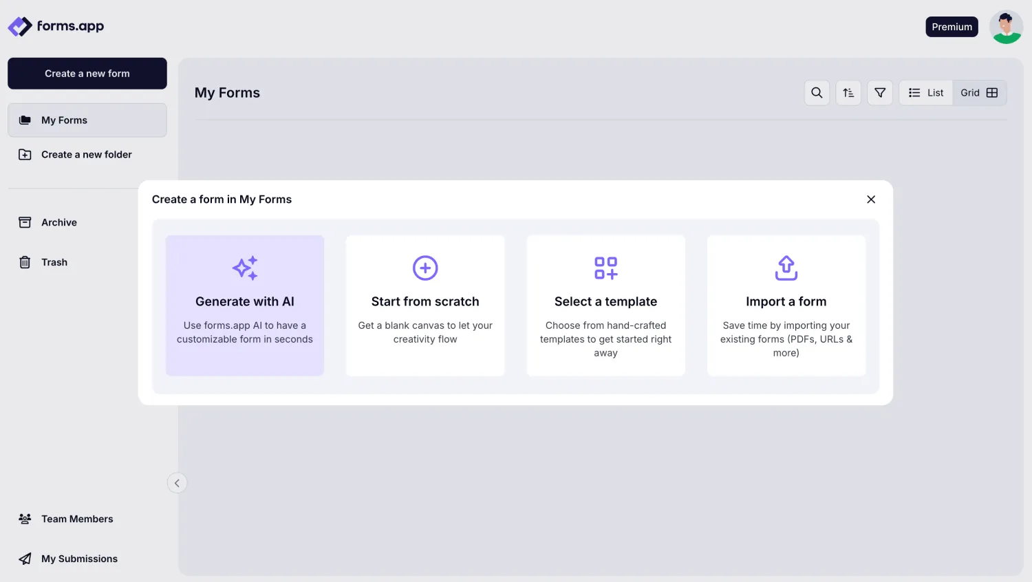 forms.app My Forms dashboard showing the workspace and create-form options