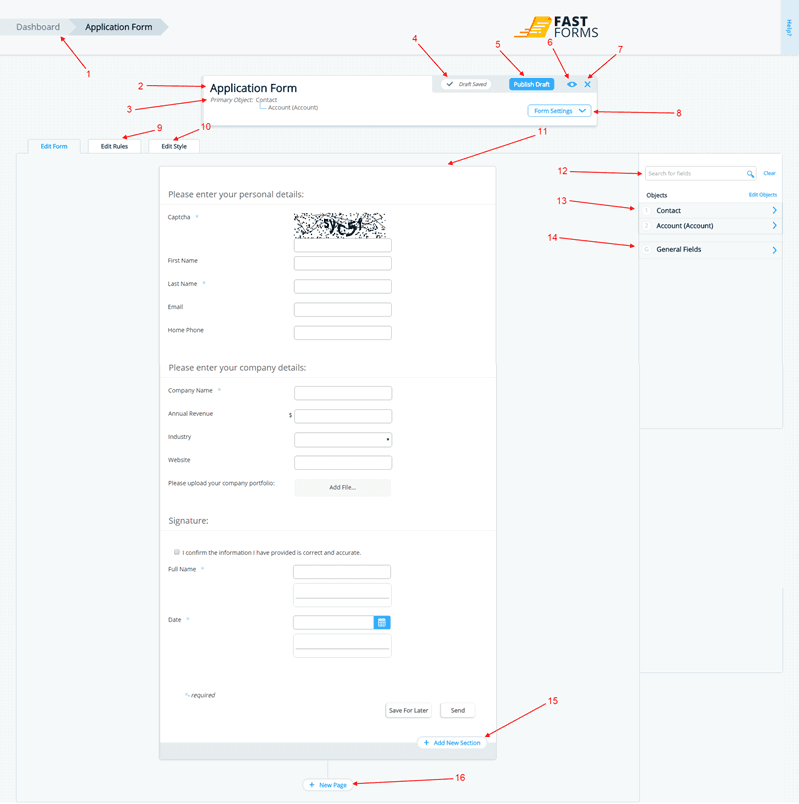 Formstack form editor showing the drag-and-drop builder canvas and field menu