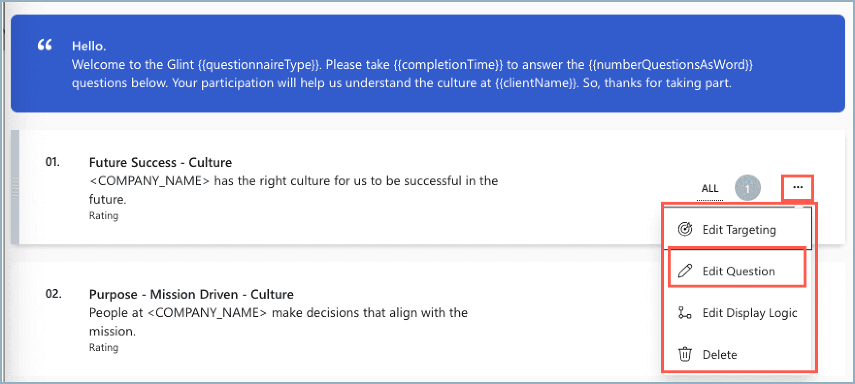 Glint Questions setup editor for configuring employee engagement survey items