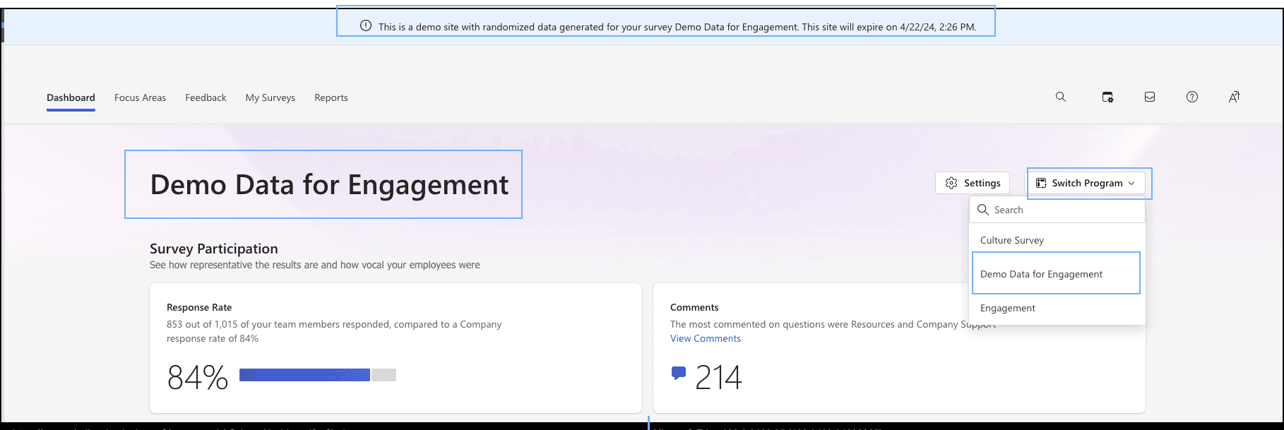 Glint admin dashboard showing engagement survey programs and demo data workspace