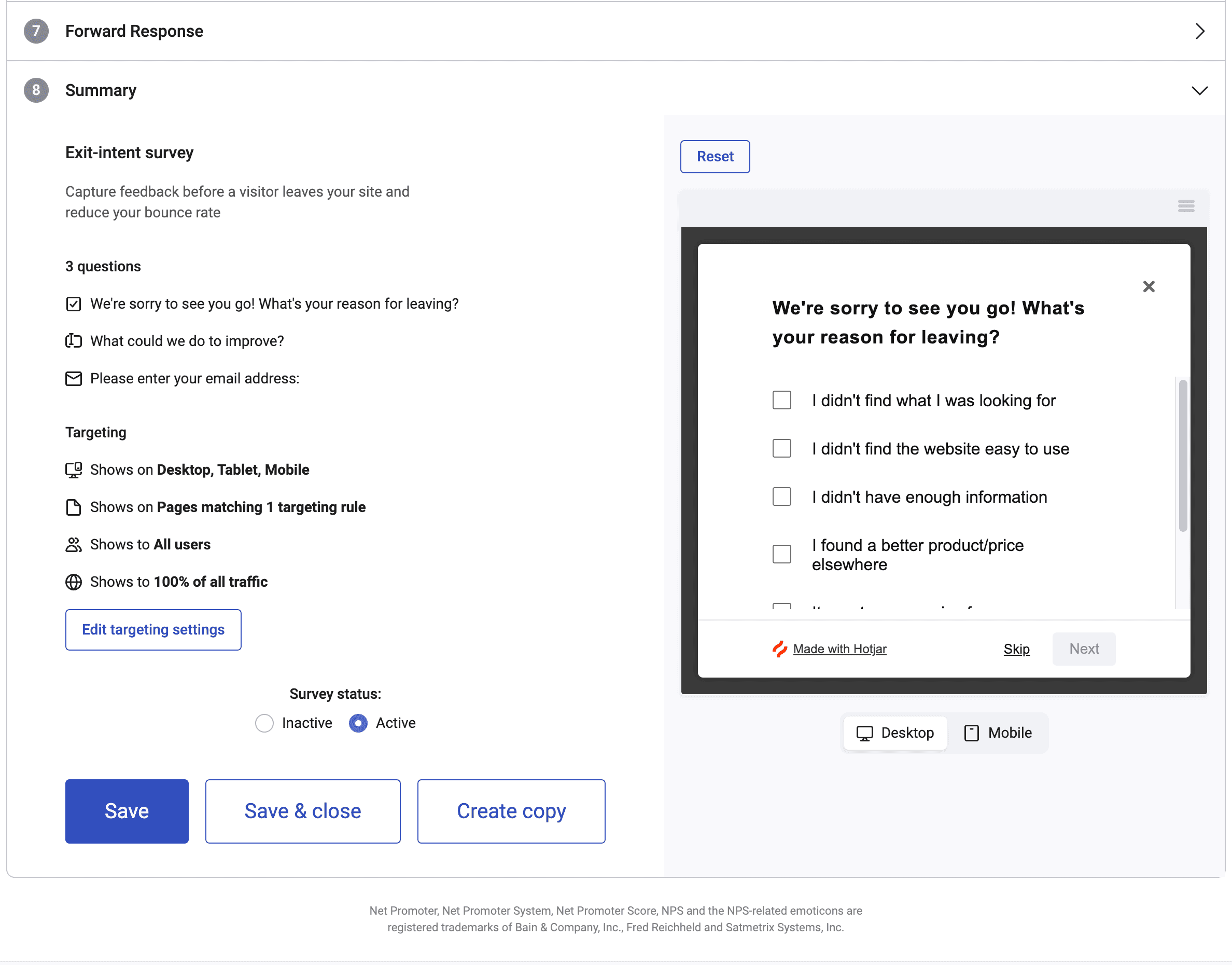 Hotjar survey creation flow showing how to build and configure an on-site survey