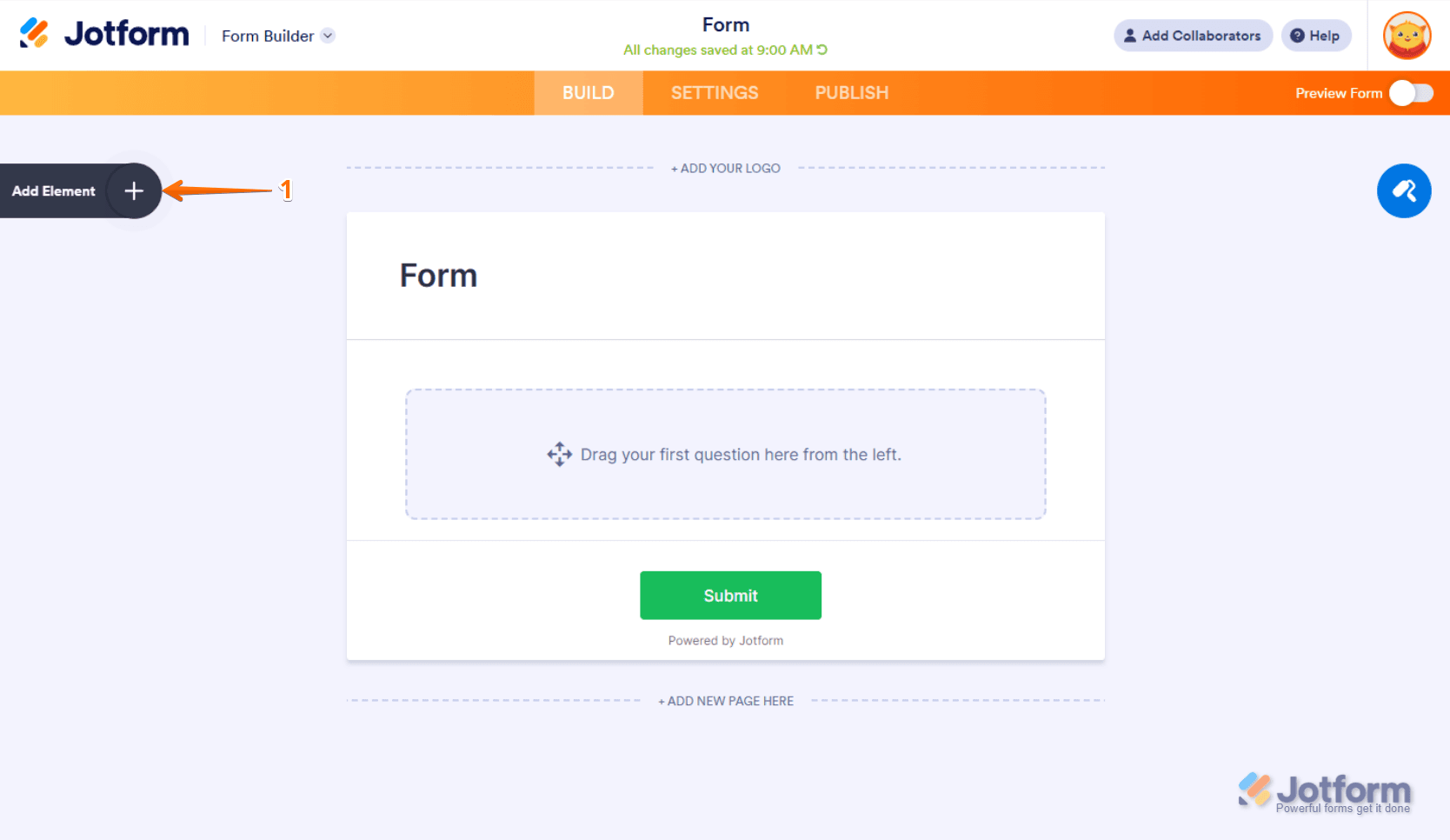 Jotform Form Builder editor with Add Element menu for building survey questions