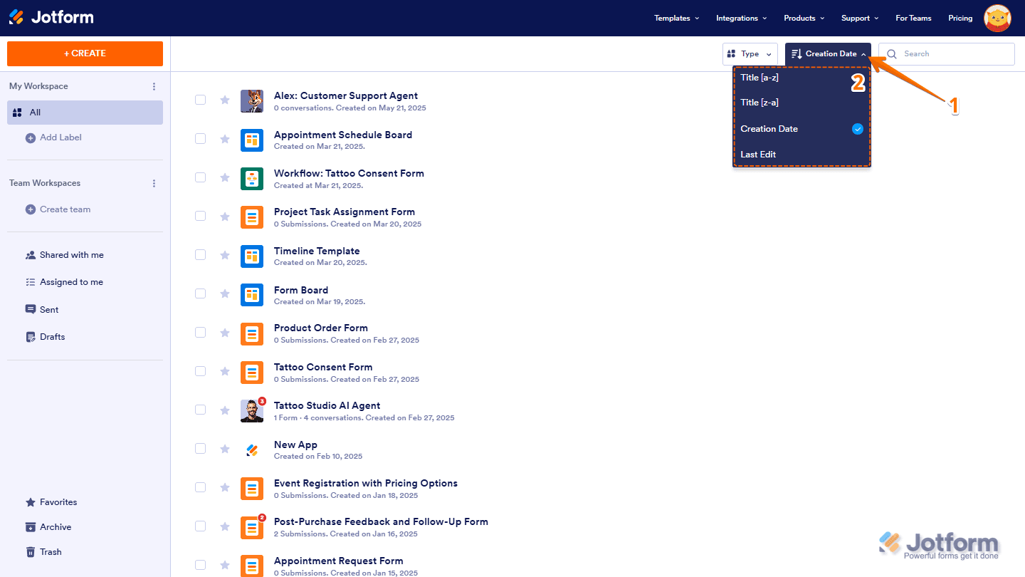 Jotform My Workspace dashboard listing forms and surveys with sorting options