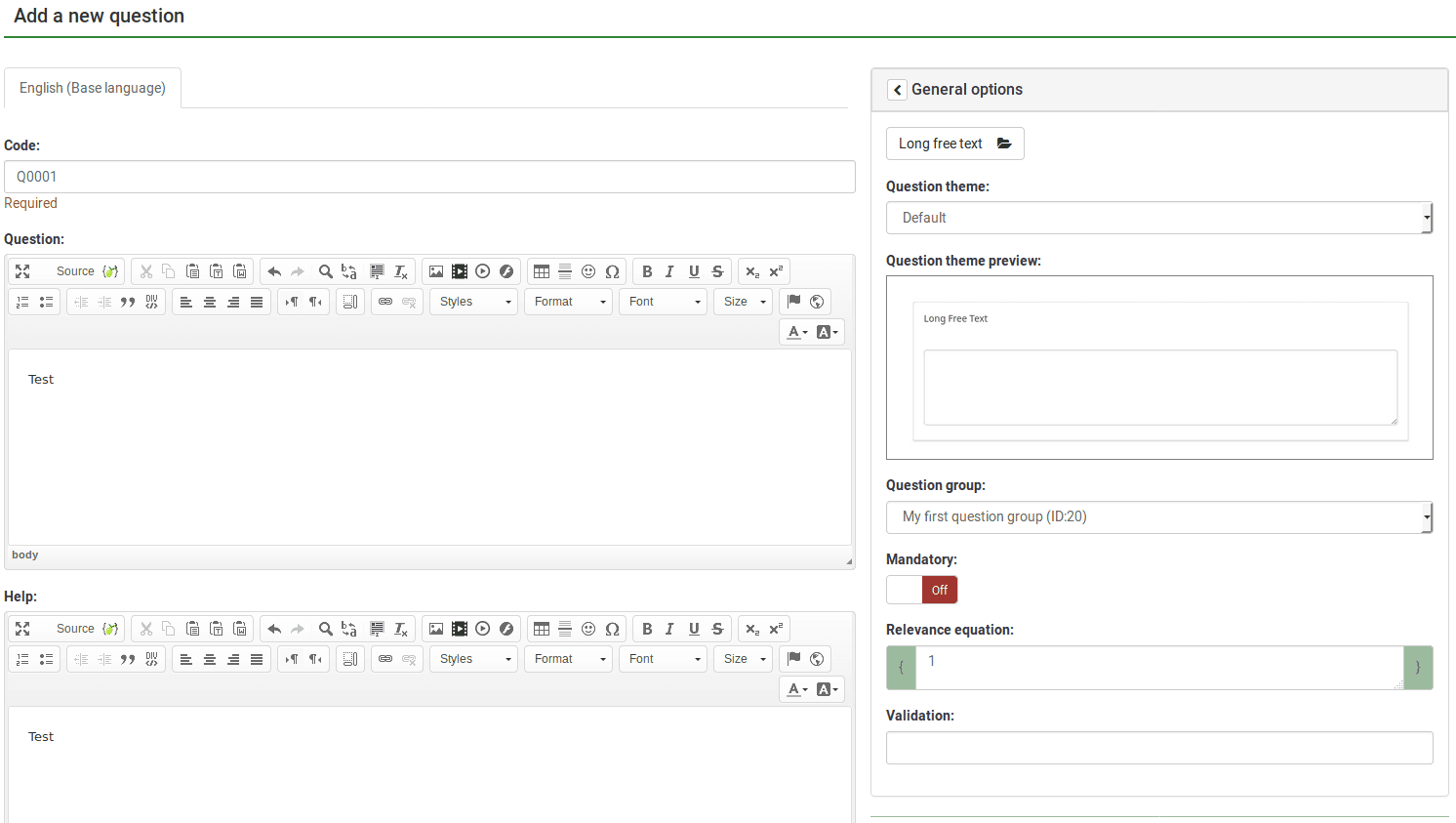 LimeSurvey survey builder interface for adding and editing questions
