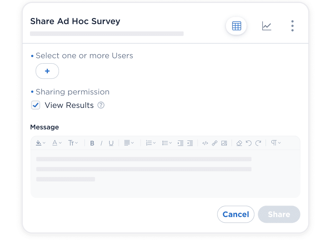Medallia Admin Suite Share Ad Hoc Survey dialog for configuring survey sharing and permissions