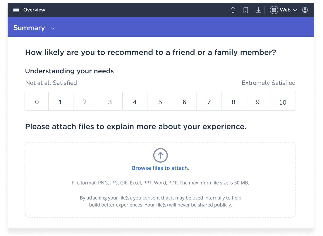 Medallia published survey respondent view with NPS scale and file attachment question
