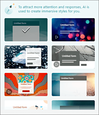 Microsoft Forms theme gallery showing sample survey designs respondents see