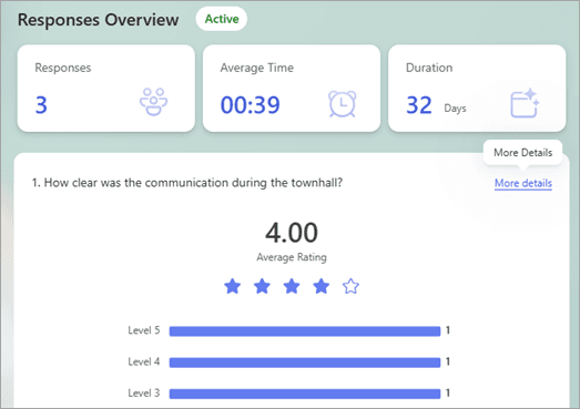 Microsoft Forms responses overview showing survey answer summaries and response counts