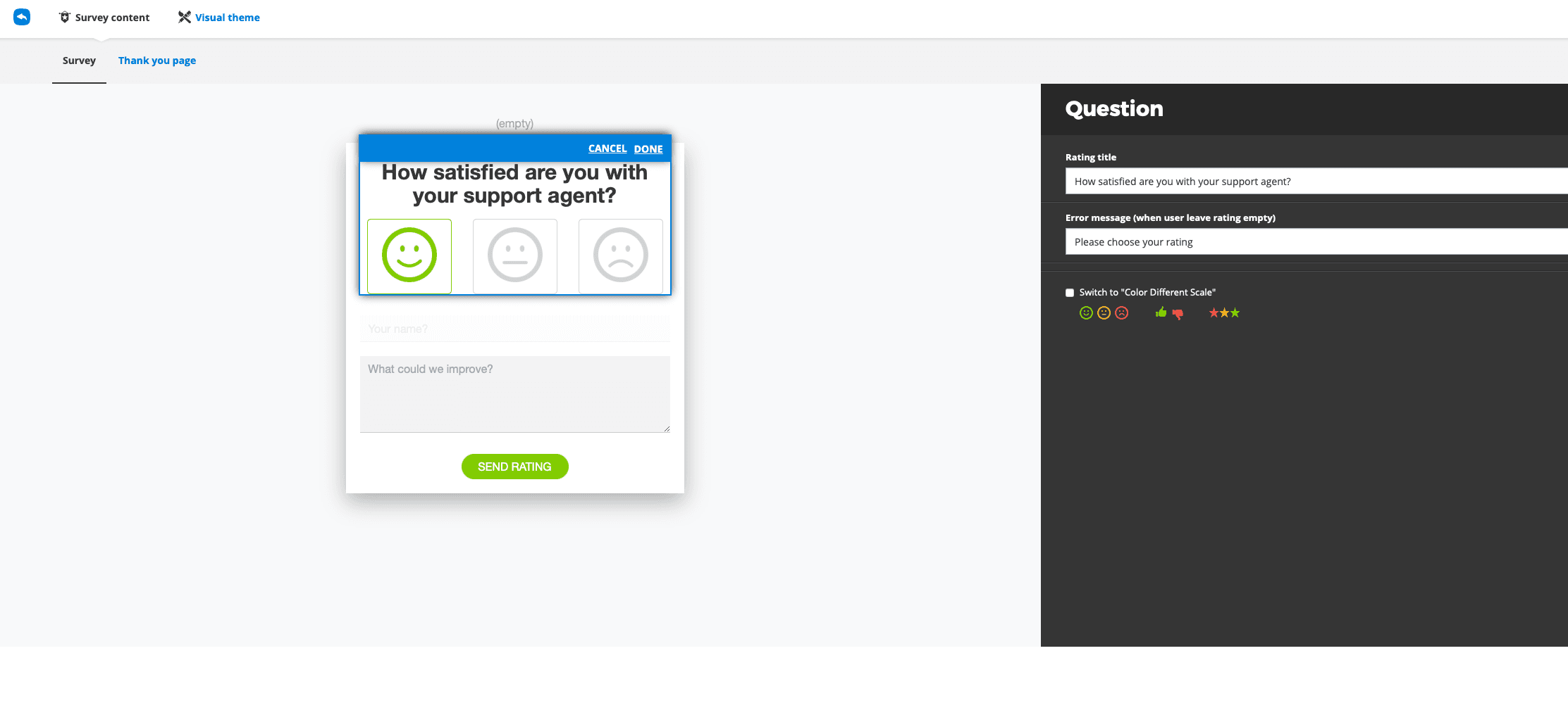 Nicereply survey appearance editor for customizing CSAT survey questions and branding