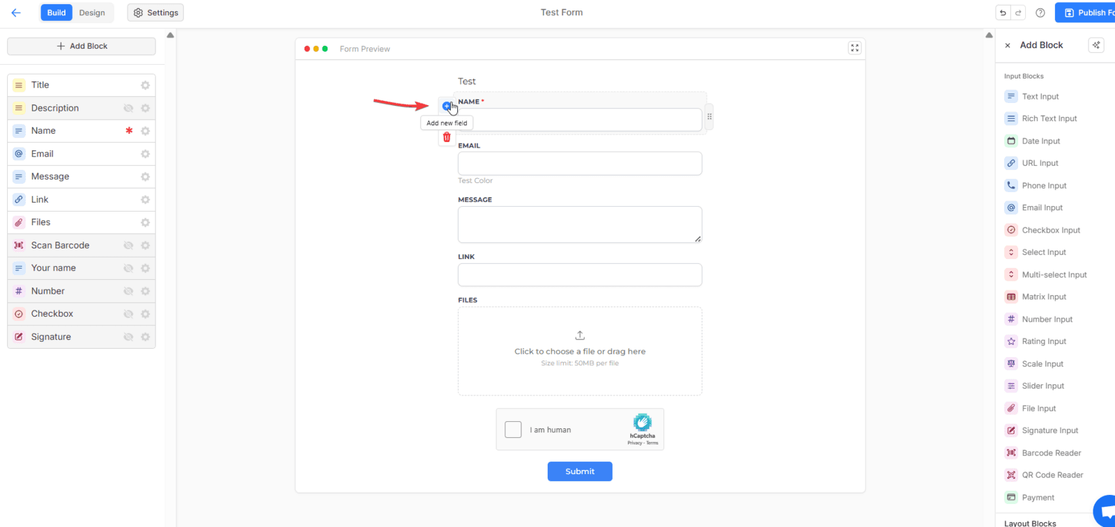 OpnForm form builder editor with field sidebar, live preview, and add-block controls