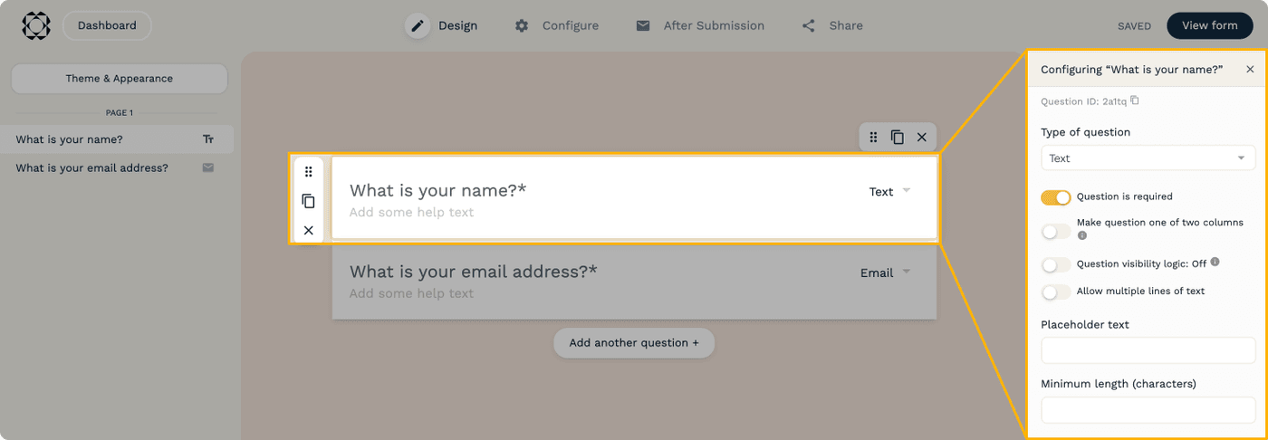 Paperform form editor with question configuration sidebar