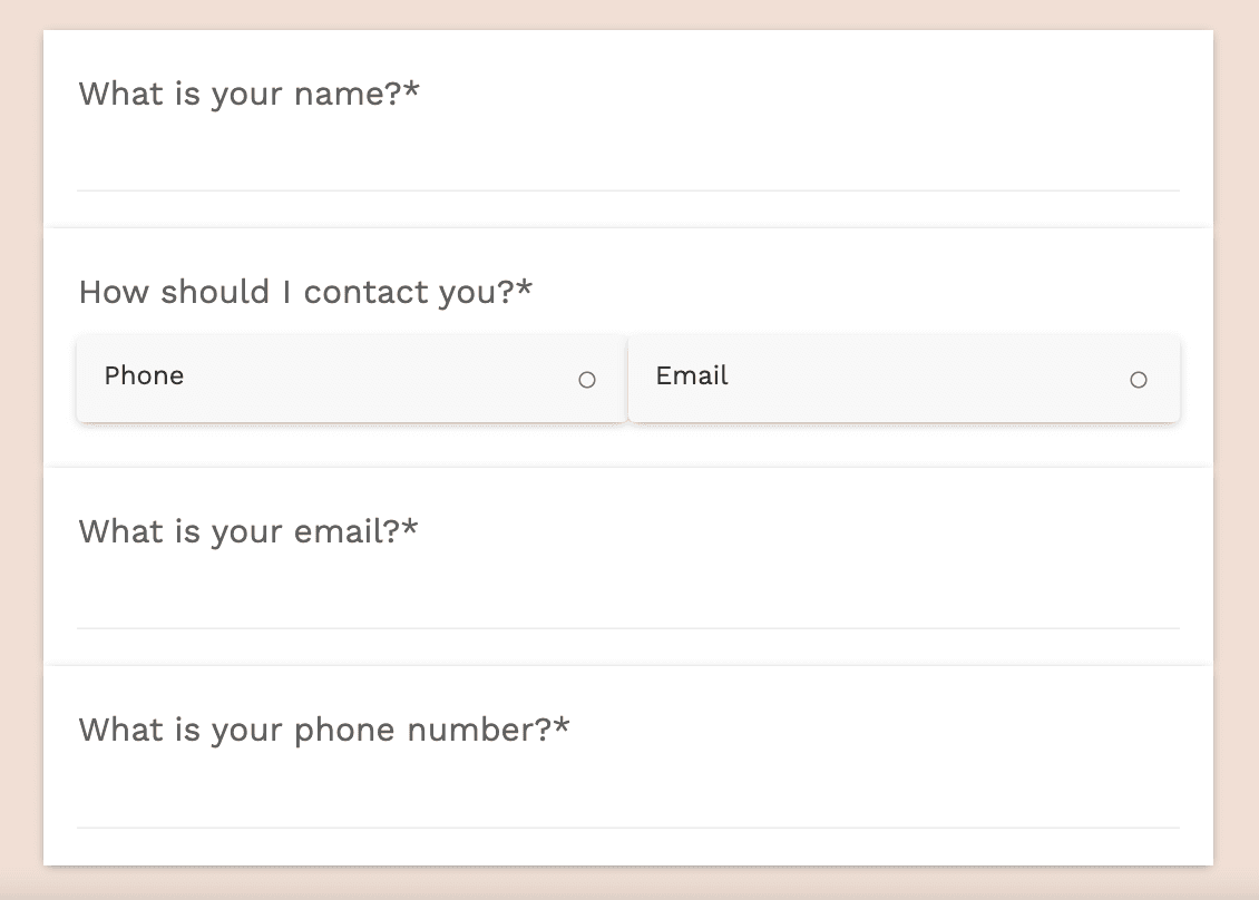 Paperform published survey respondent view with contact form questions