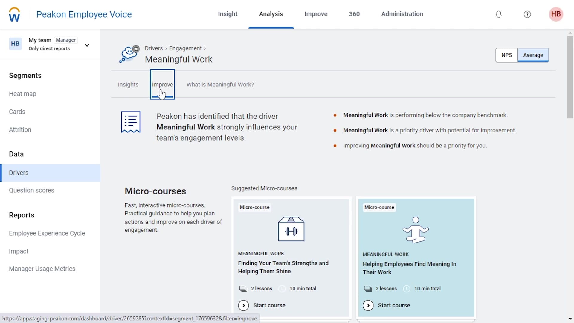 Peakon Analysis view showing driver insights and Improve micro-courses for managers