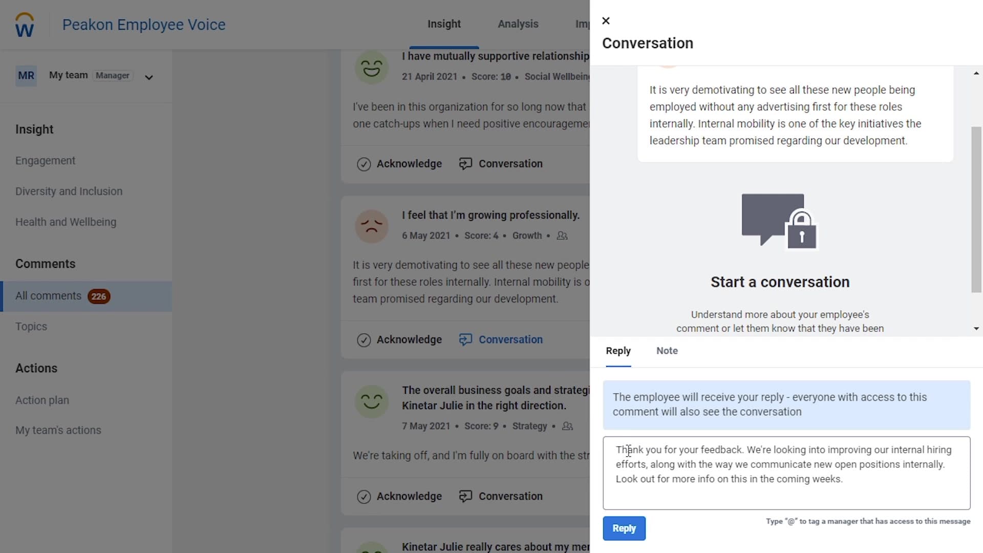 Peakon employee feedback comment with score and manager conversation reply interface