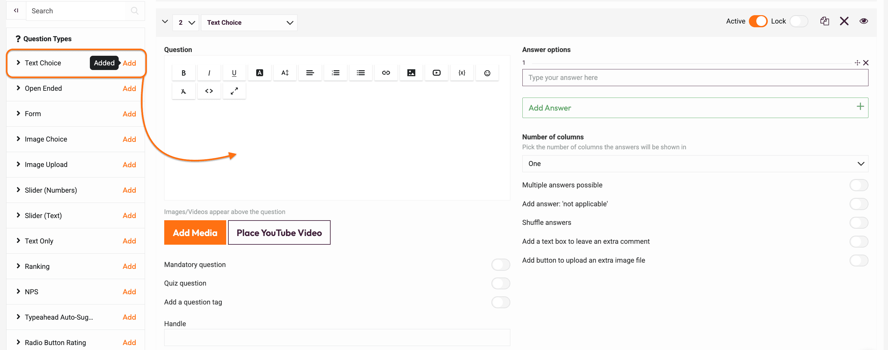 Pointerpro questionnaire builder editor adding a text choice question