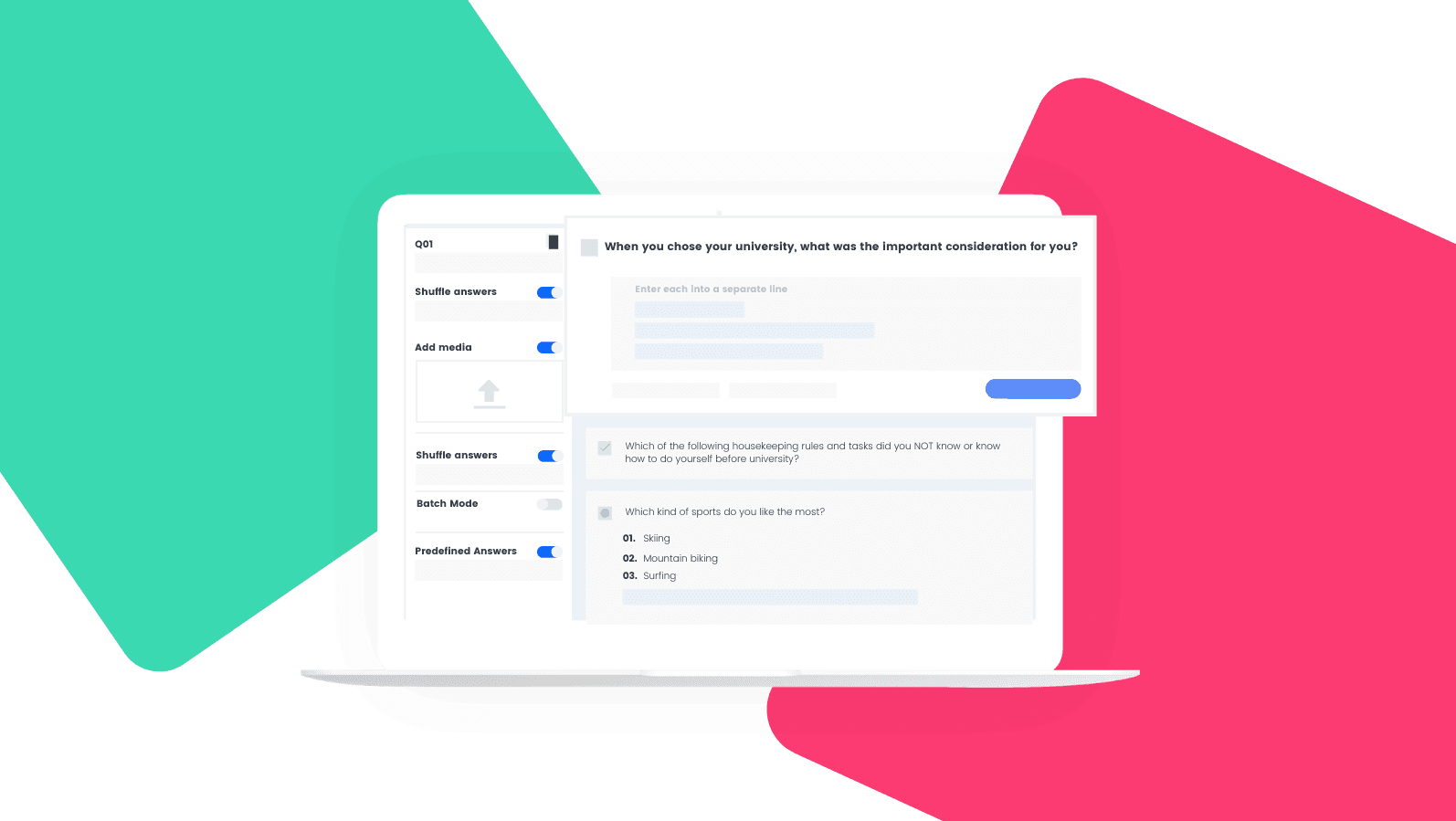 Pollfish questionnaire builder with question settings sidebar and mobile preview