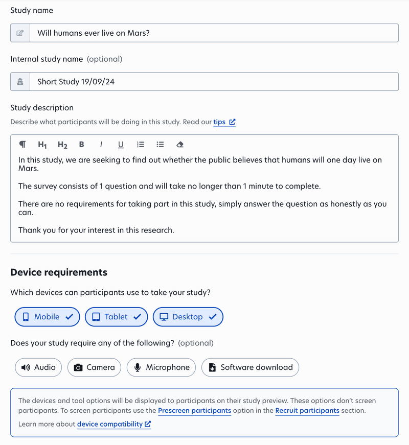 Prolific study details setup screen with title, description, and device requirements fields