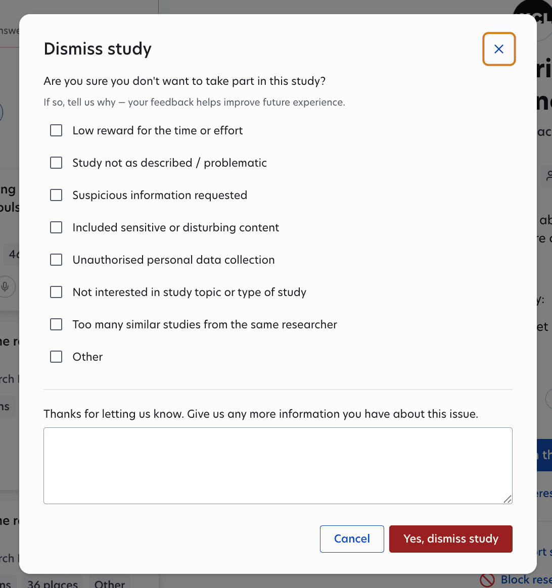 Prolific participant studies dashboard showing available studies and Take part in this study option