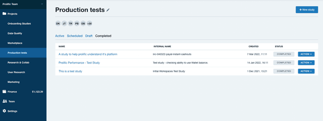 Prolific researcher workspace showing a project folder with studies list and New study button