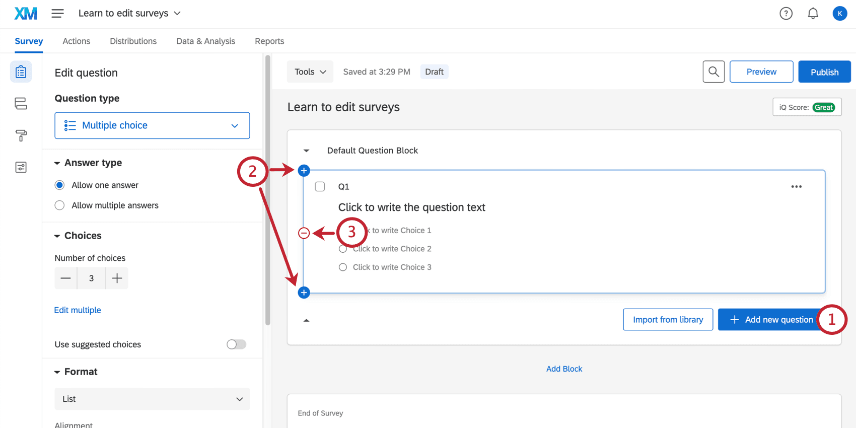 Qualtrics survey builder with question blocks, editing pane, and Add new question controls