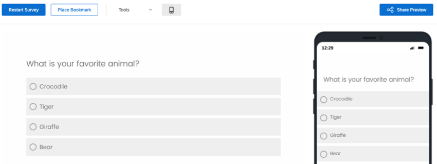 Qualtrics survey preview showing a multiple-choice question as respondents see it