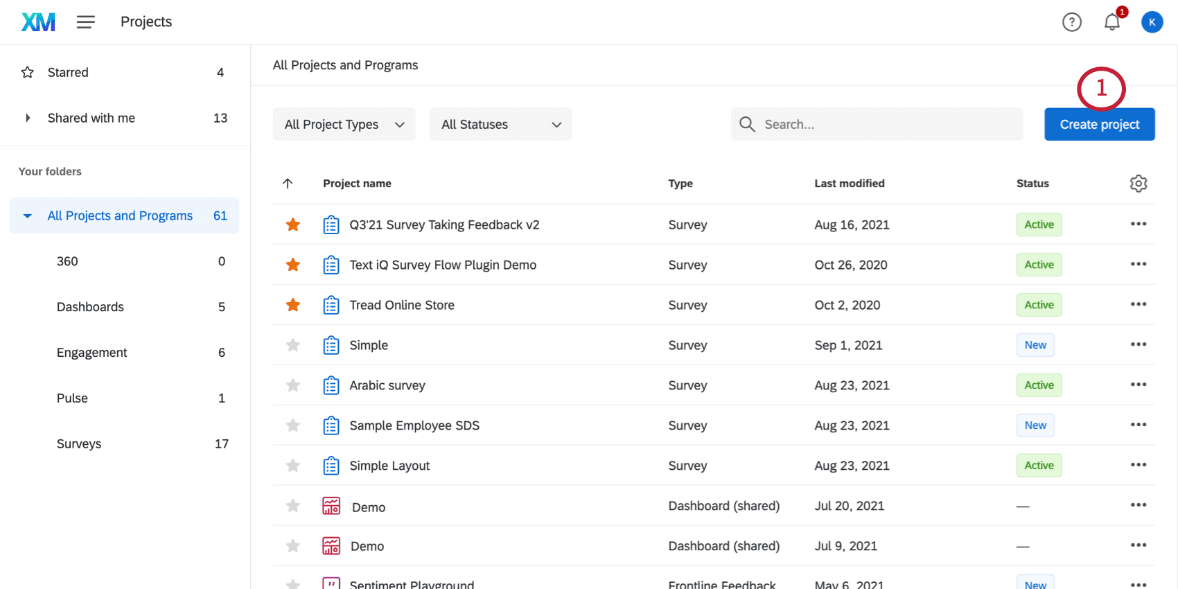 Qualtrics XM Projects page showing the project list with folders, filters, and Create project button
