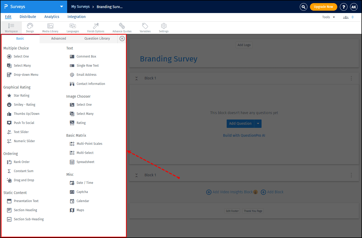 QuestionPro survey builder interface for adding and editing questions