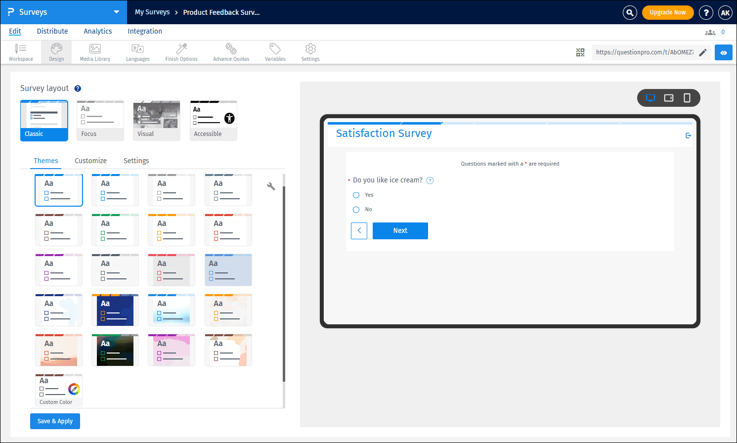QuestionPro published survey respondent view with branded theme