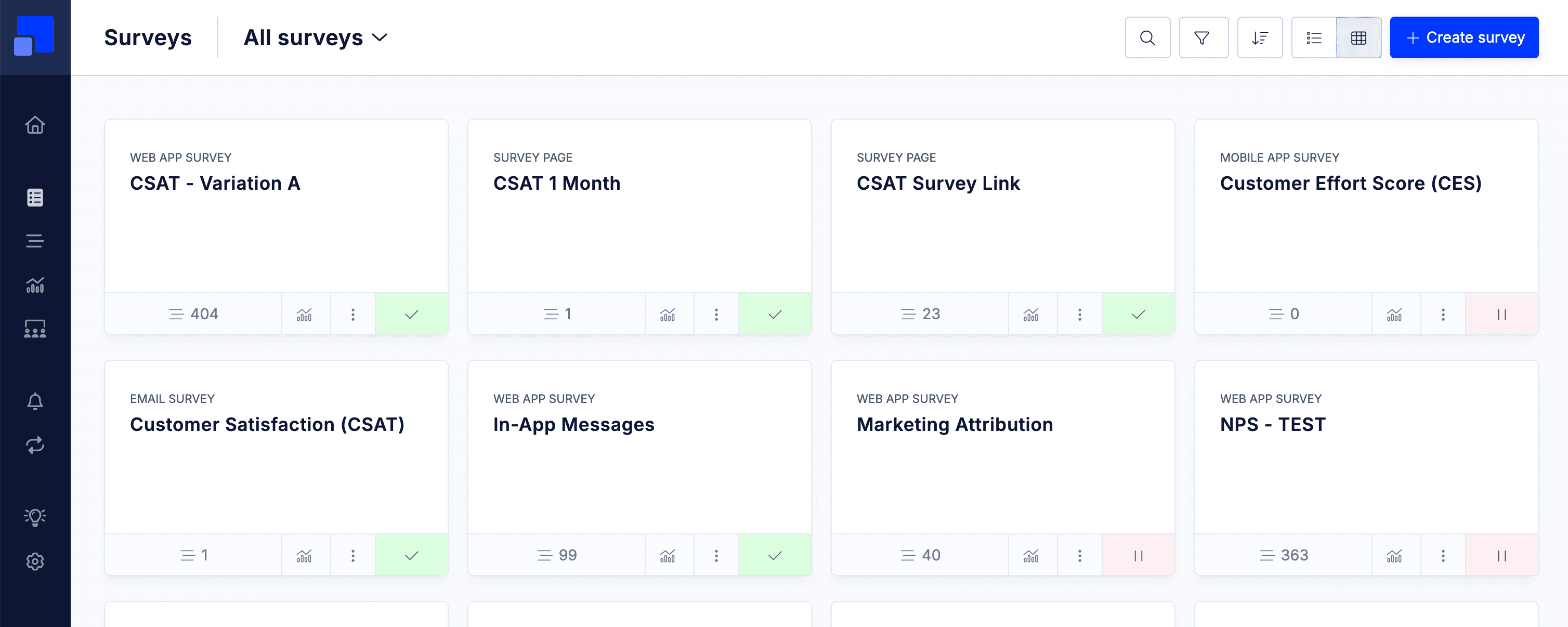 Refiner survey list dashboard showing active surveys and response counts