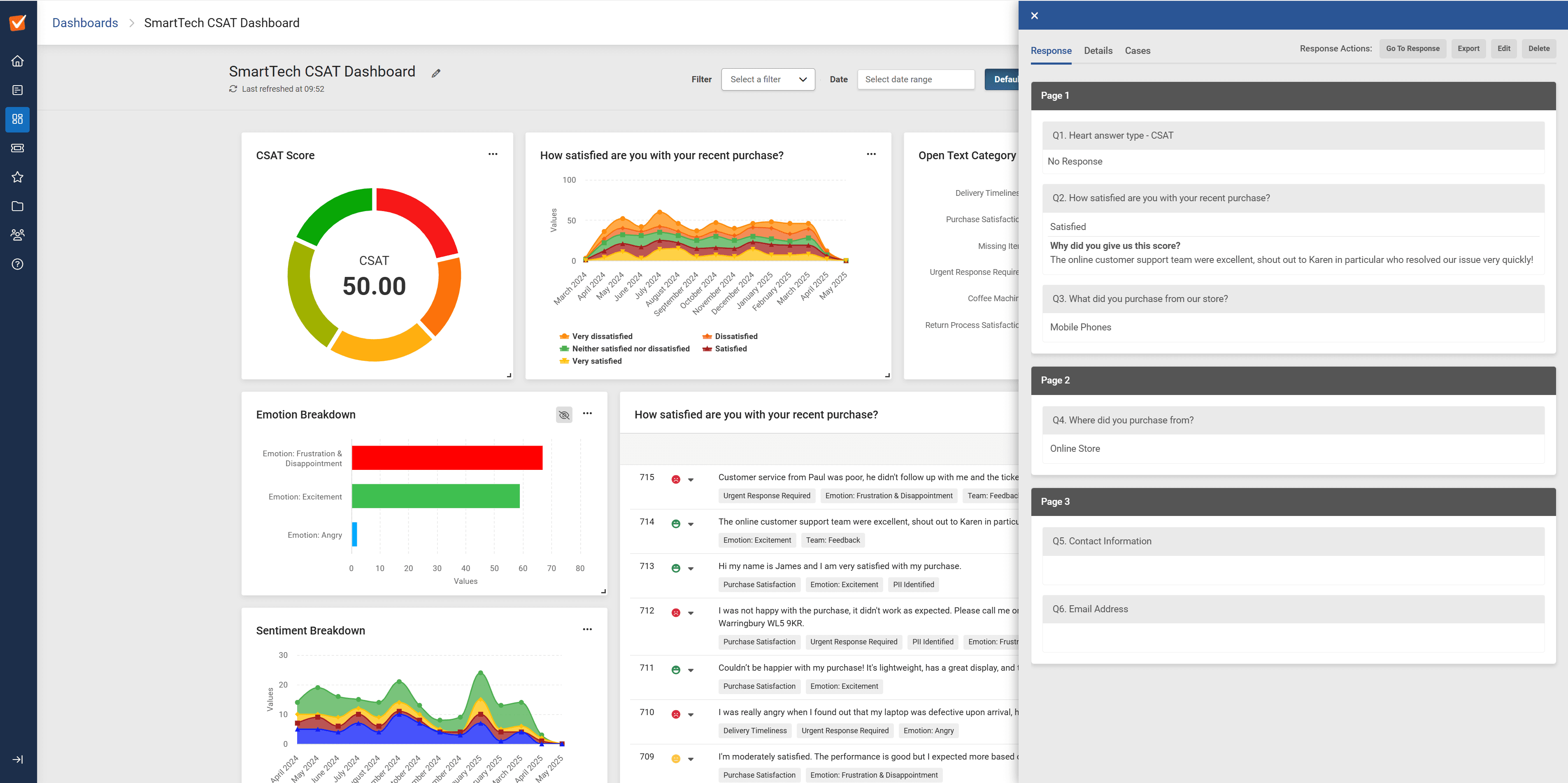 SmartSurvey dashboards showing survey metrics and workspace sidebar