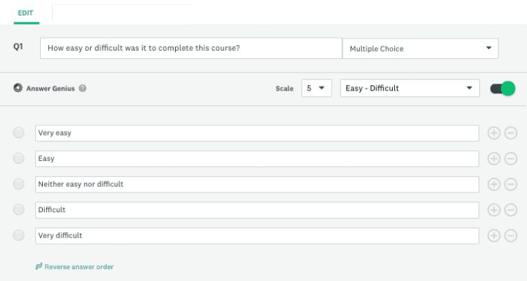 SurveyMonkey survey editor showing multiple-choice question setup with Answer Genius