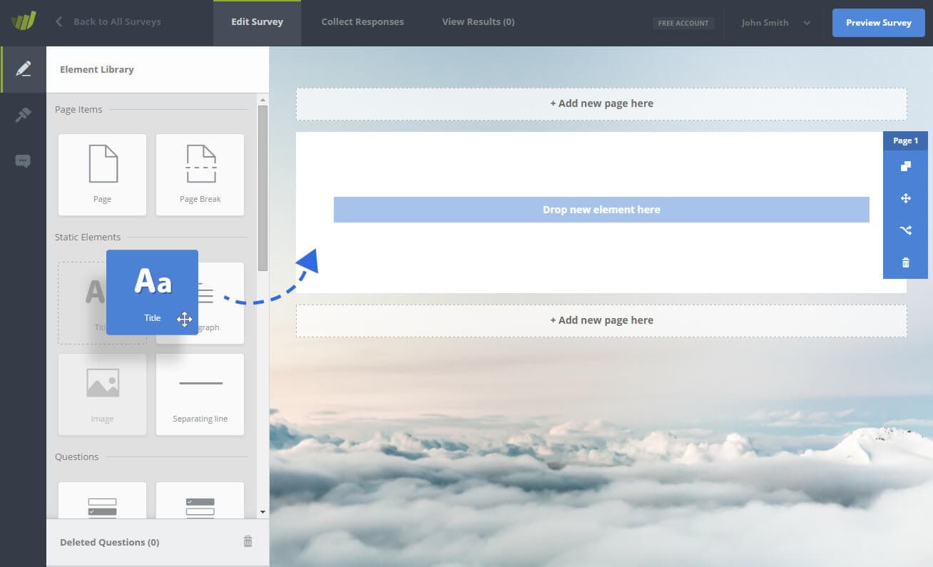 SurveyHero drag-and-drop survey builder with question types side panel