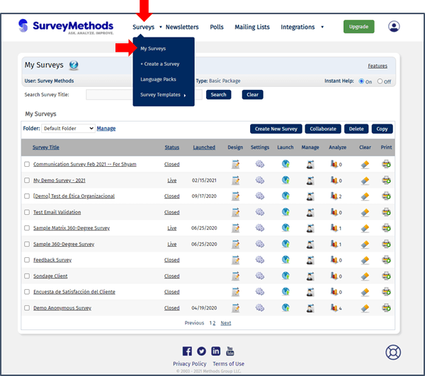 SurveyMethods My Surveys dashboard showing survey list and management actions