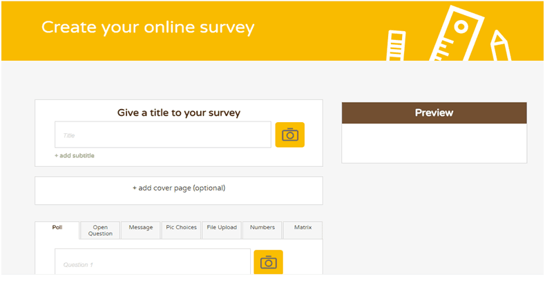 SurveyNuts survey builder with labeled tabs and live preview panel